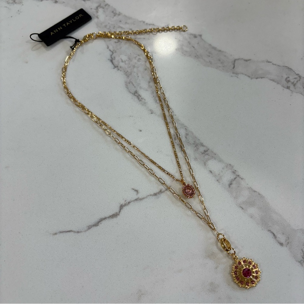 Ann Taylor Gold Chain Layered Pink Rhinestone Necklace
